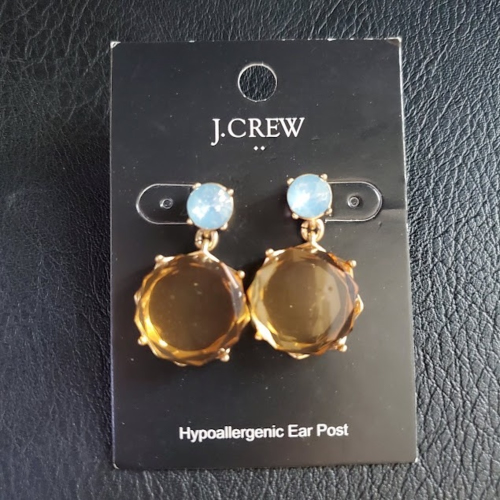 J.Crew Amber and Light Blue Faceted Crystal Drop Earrings Gold Tone Fall Gift